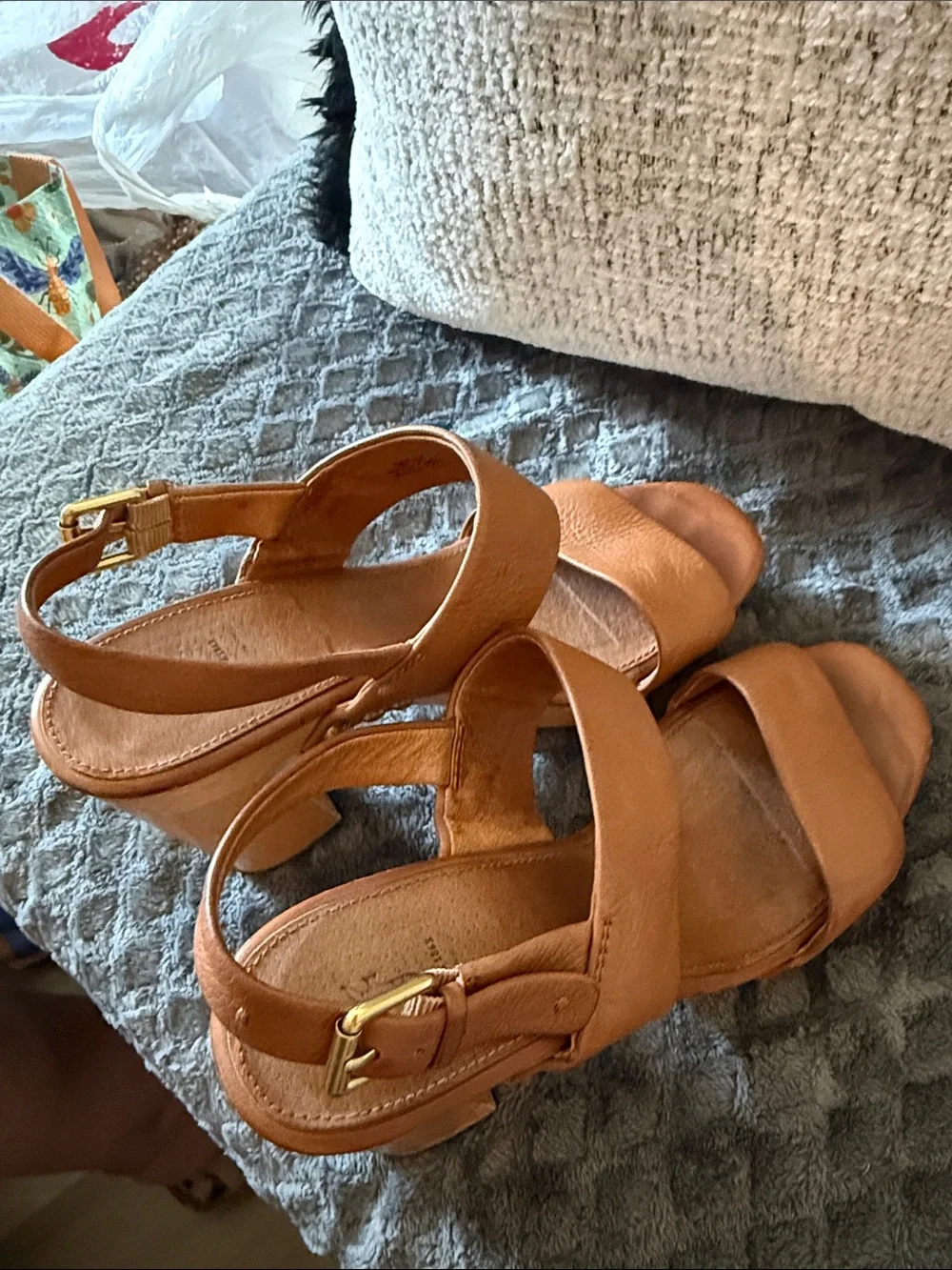 Frye Tan Leather Platform Wedge Sandals